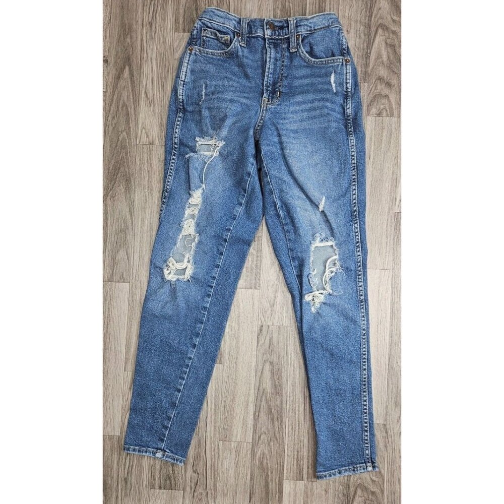 Arizona Womens Size 0 Highest Rise Whiskered Distressed Denim Blue Mom Jeans